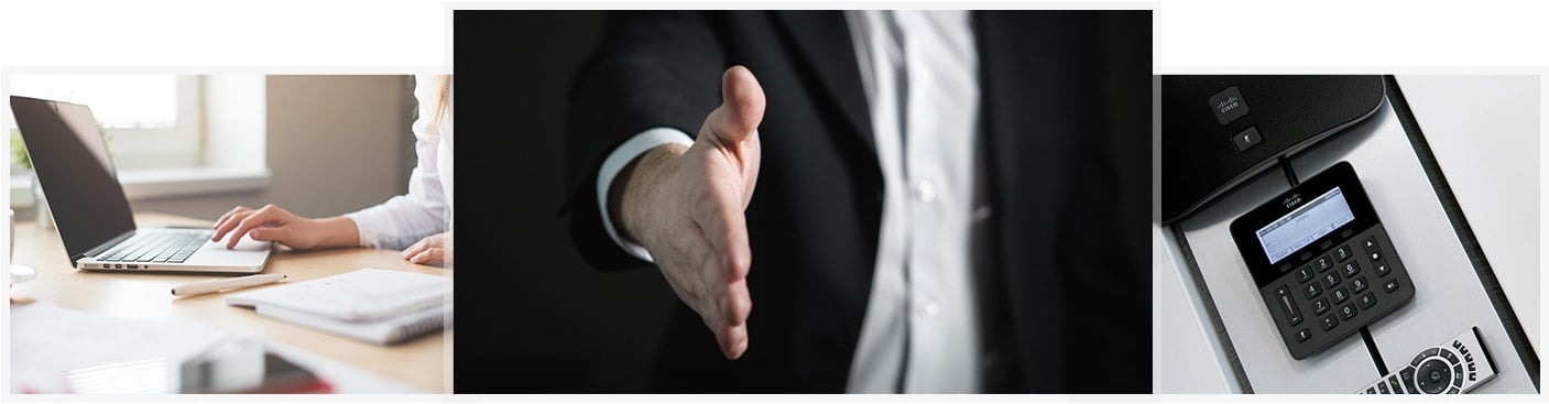 Woman working on a laptop, businessman reaching out to shake hands and a calculator